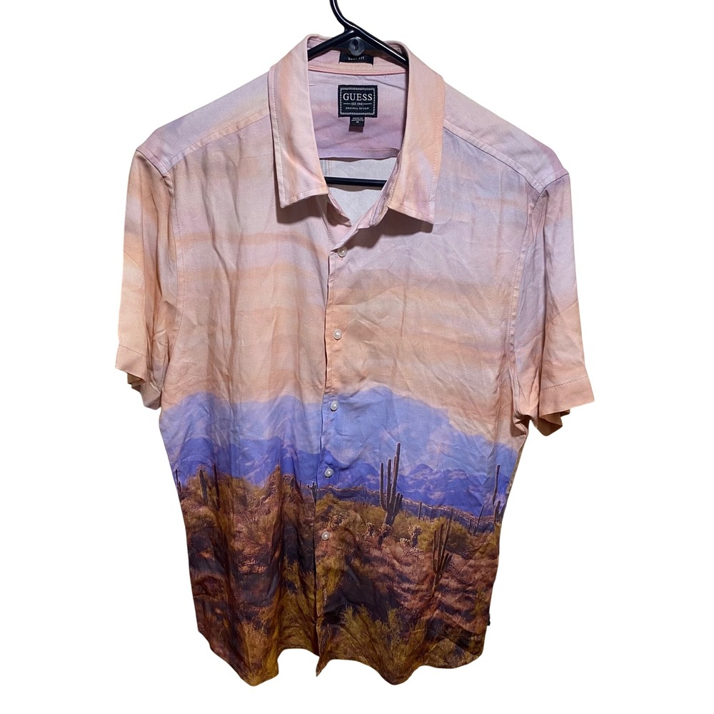 Guess Mens Slim Fit Desert Cactus‎ Landscape Print Short Sleeve Shirt Medium